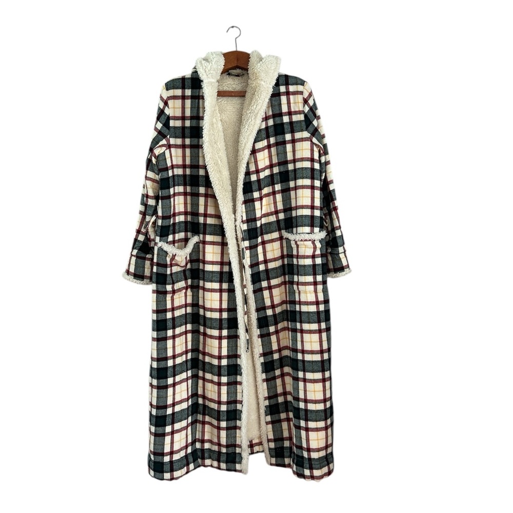 L.L Bean fleece bathrobe hooded, size small oversized fit, plaid design